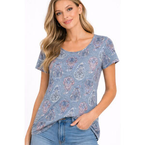 Lucky Brand Women’s Large Paisley Tee Blue Gray Short Sleeve Cotton Modal Top